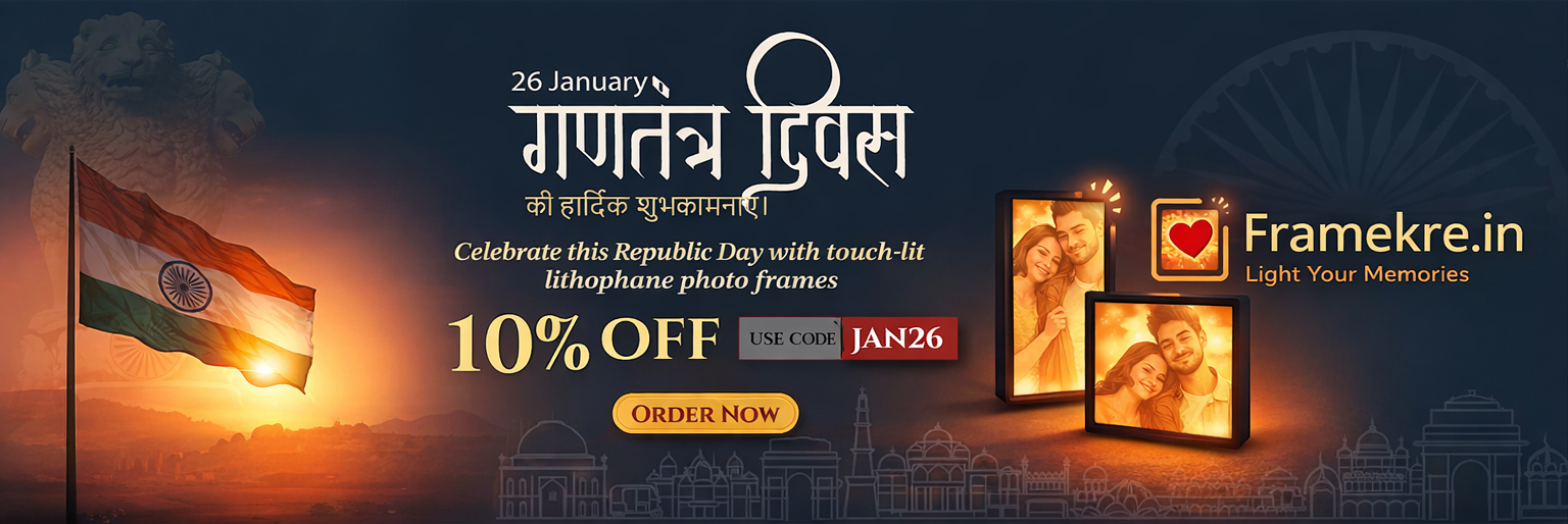 Promotional banner for Framekre.in with Republic Day celebration and photo frame offer.